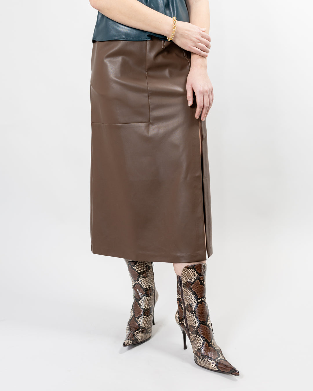 Brown Faux Leather Delfine Midi Skirt