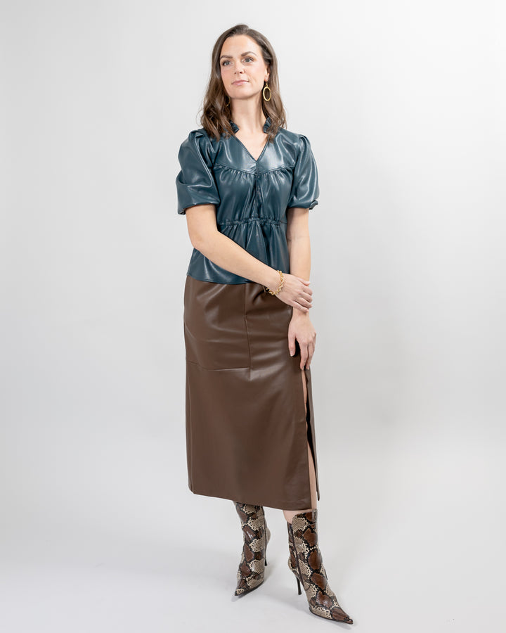 Brown Faux Leather Delfine Midi Skirt