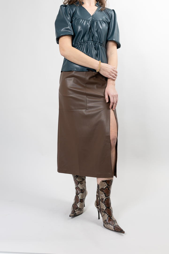 Brown Faux Leather Delfine Midi Skirt