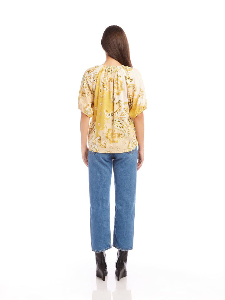 Butter Yellow Paisley Tie Neck Blouse