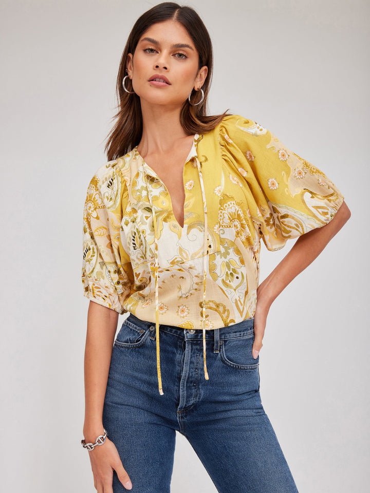 Butter Yellow Paisley Tie Neck Blouse