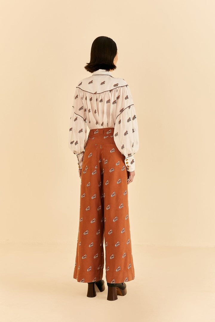Caramel Embroidered Horses Pleated Wide Leg Pant