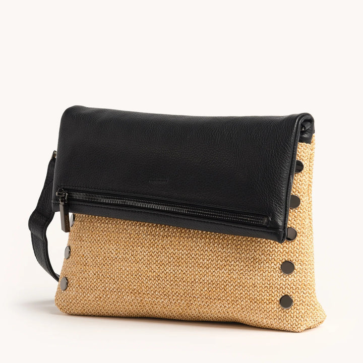 Chaparral Raffia Black Leather Gunmetal VIP Large Crossbody Clutch
