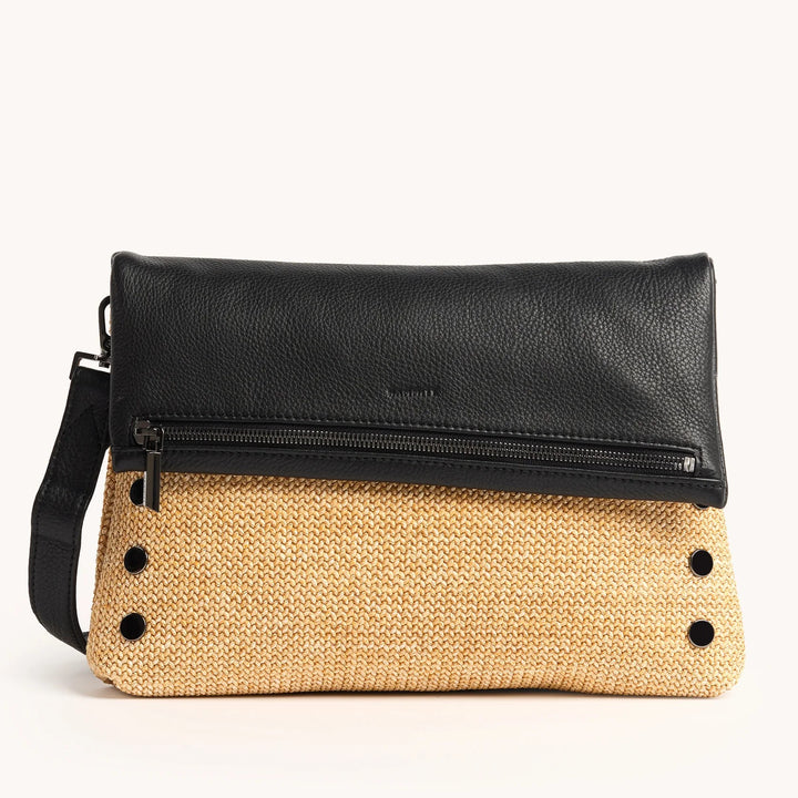 Chaparral Raffia Black Leather Gunmetal VIP Large Crossbody Clutch