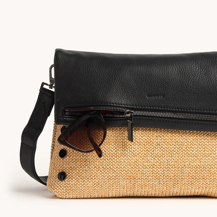 Chaparral Raffia Black Leather Gunmetal VIP Large Crossbody Clutch