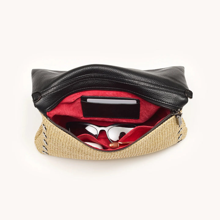 Chaparral Raffia Black Leather Gunmetal VIP Large Crossbody Clutch