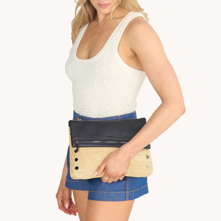 Chaparral Raffia Black Leather Gunmetal VIP Large Crossbody Clutch