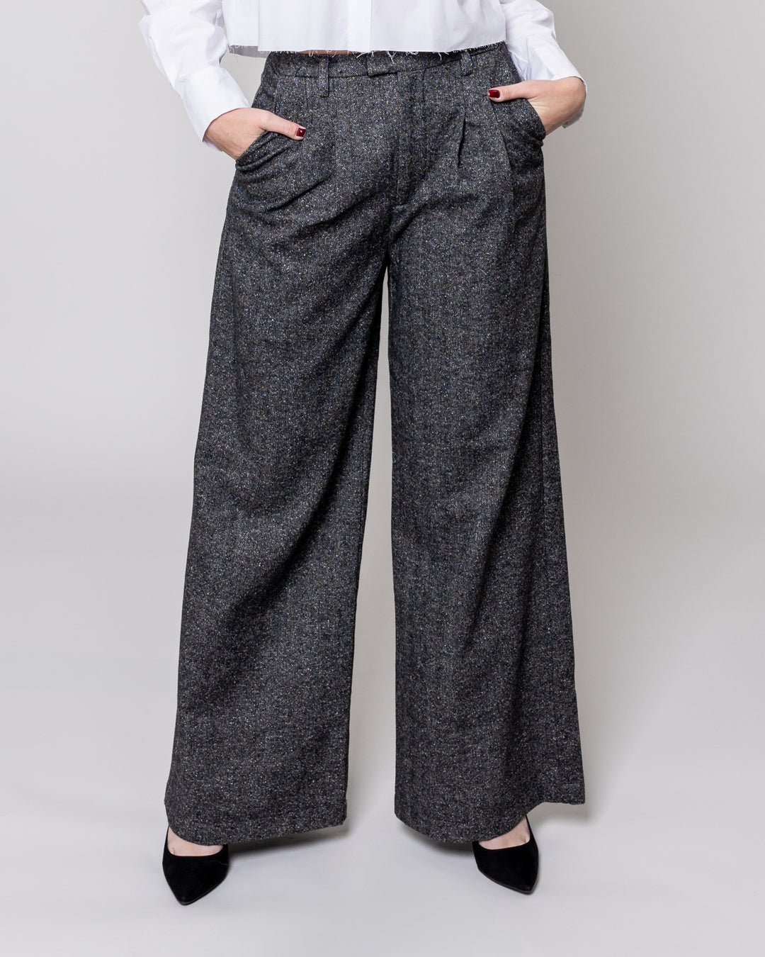 Charcoal Herringbone Wide Leg Adele Pant