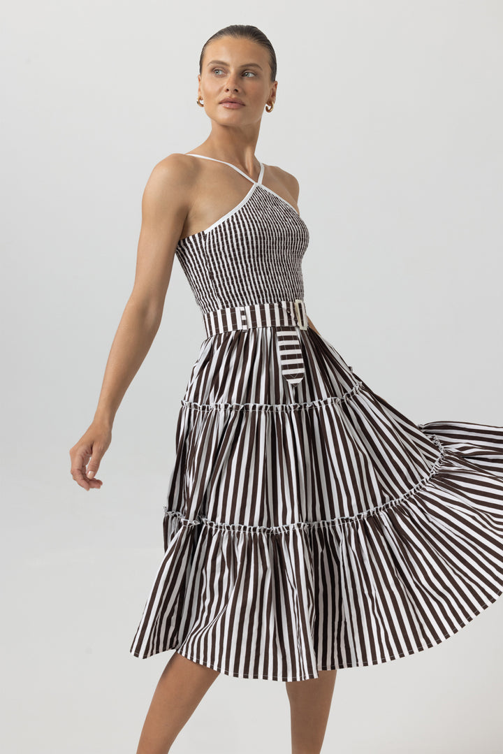 Chocolate Brown And White Pencil Stripe Arien Dress