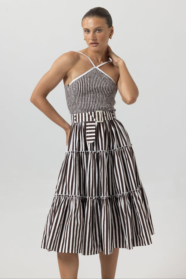 Chocolate Brown And White Pencil Stripe Arien Dress