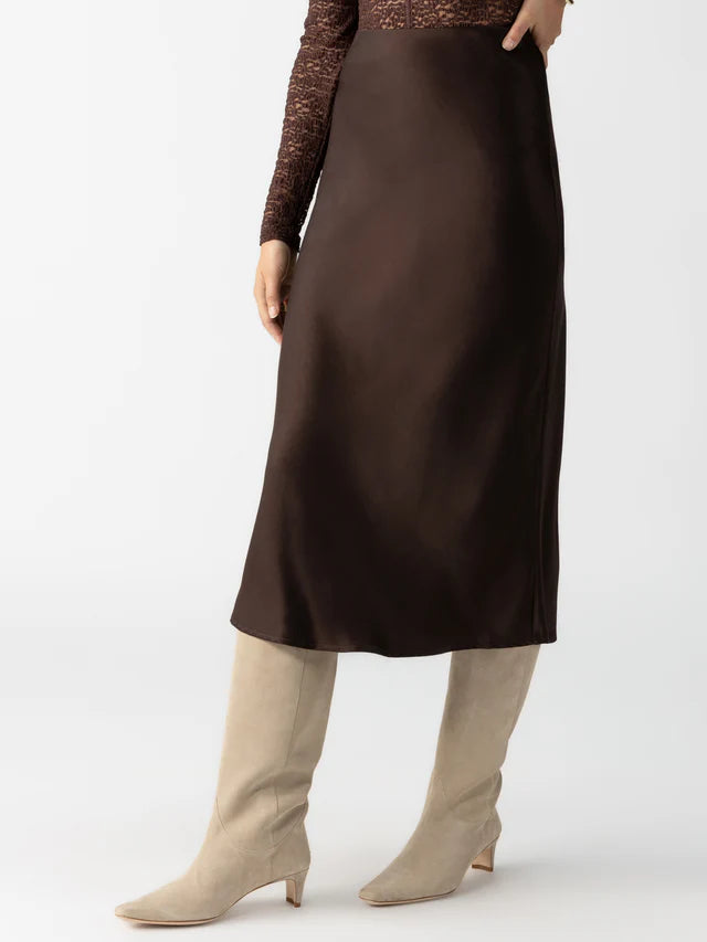 Coffee Satin Everyday Midi Skirt