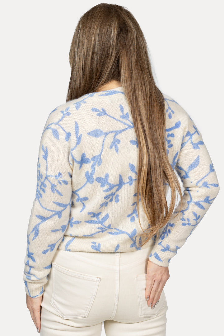 Cream And Blue Rib Knit Cardigan