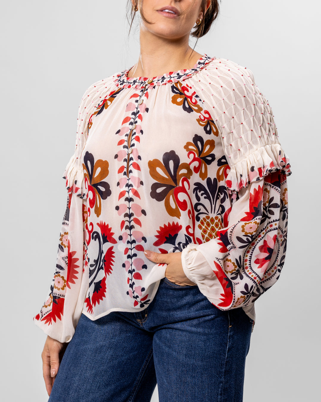 Cream Cashew Mandala Long Sleeve Blouse