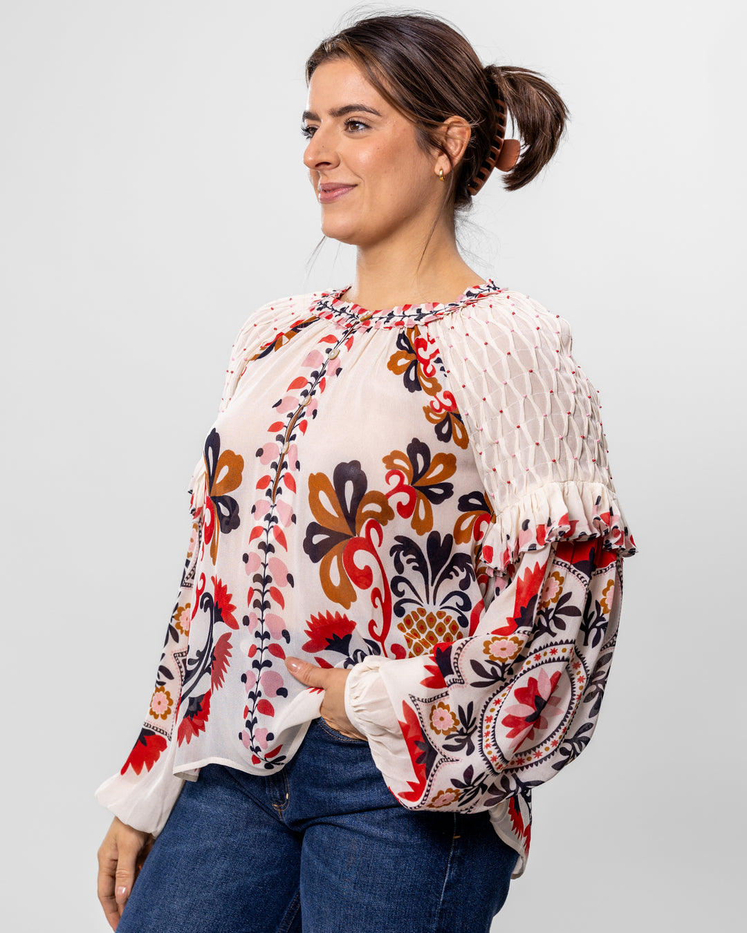 Cream Cashew Mandala Long Sleeve Blouse