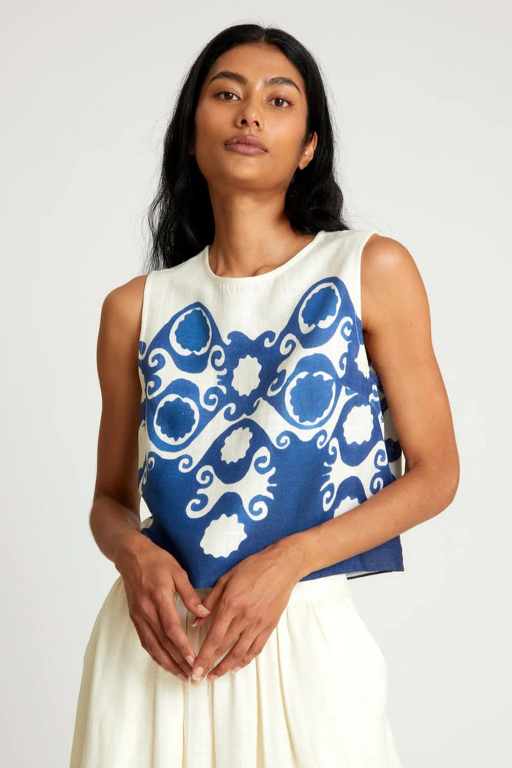 Cream And Blue Goa Cropped Top