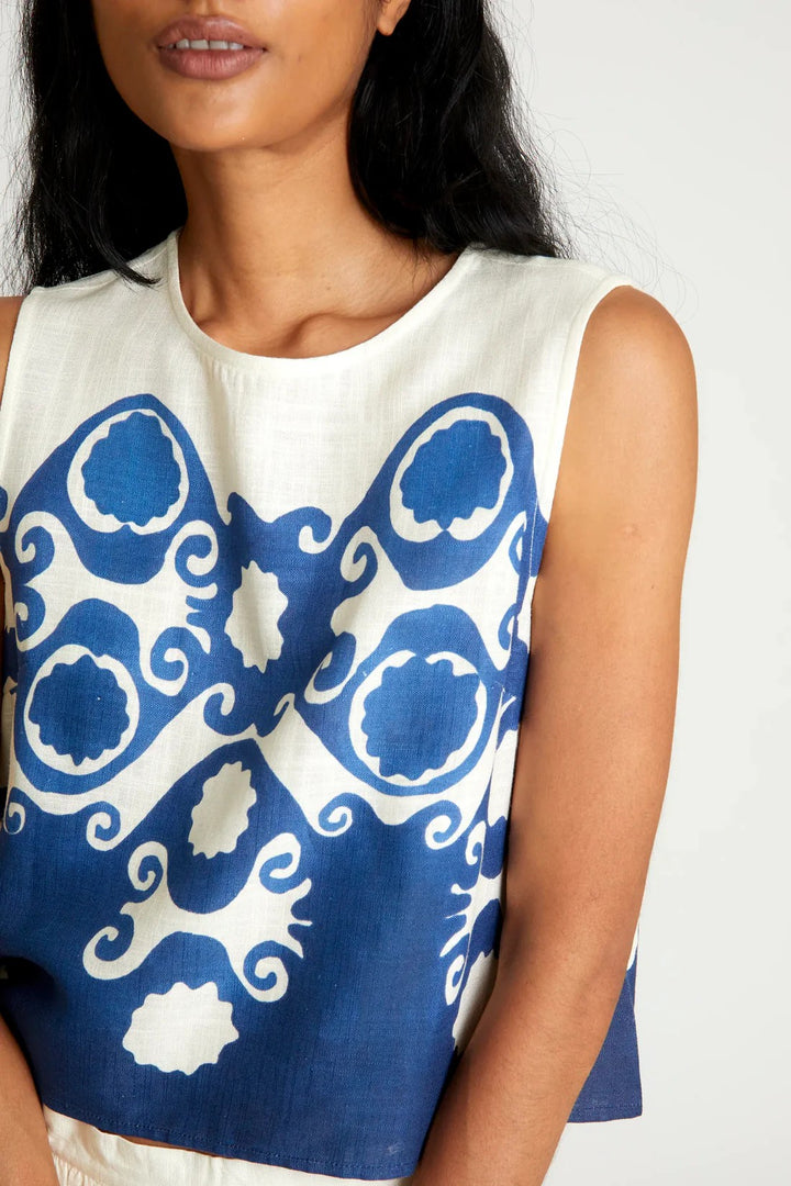 Cream And Blue Goa Cropped Top