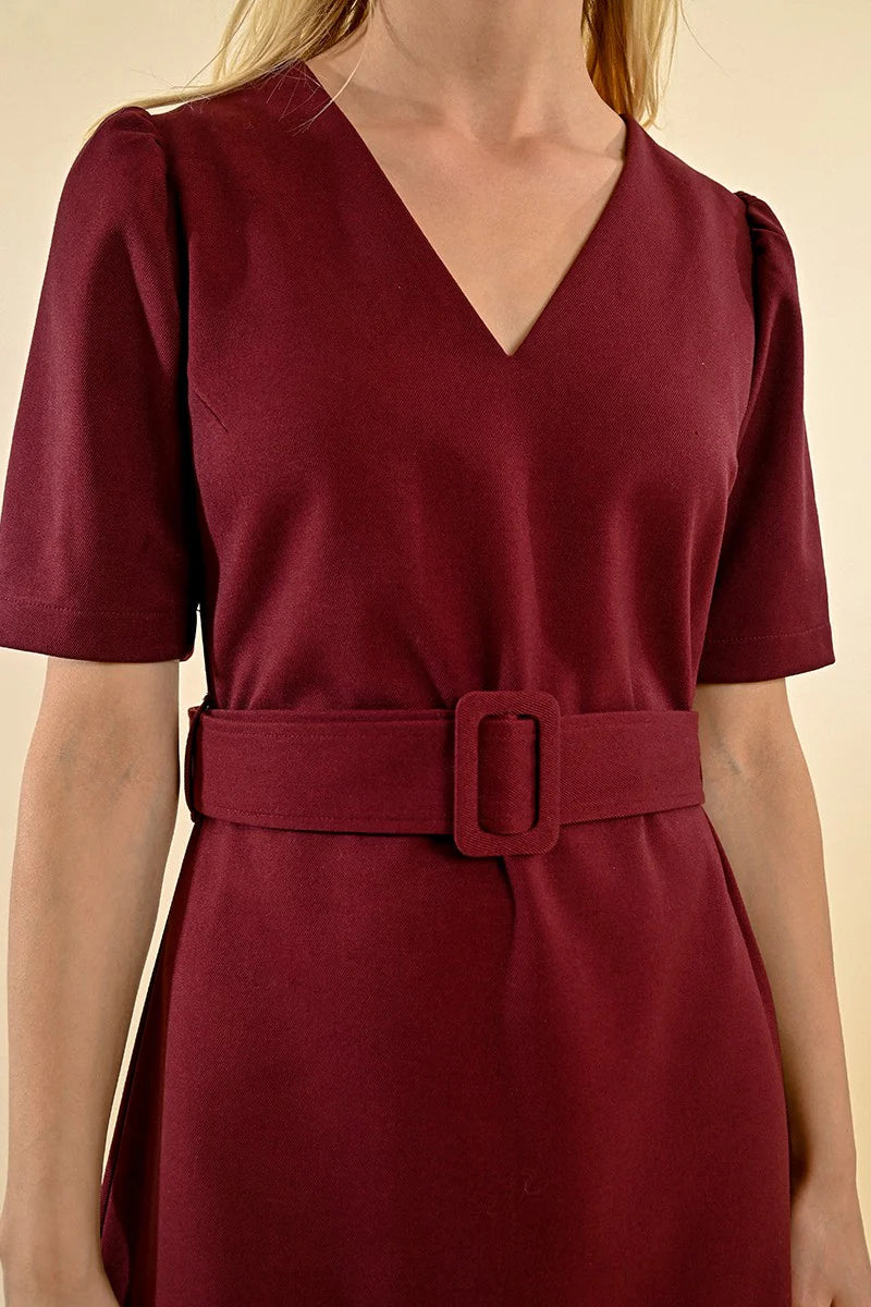 Dark Red Belted Short Dress