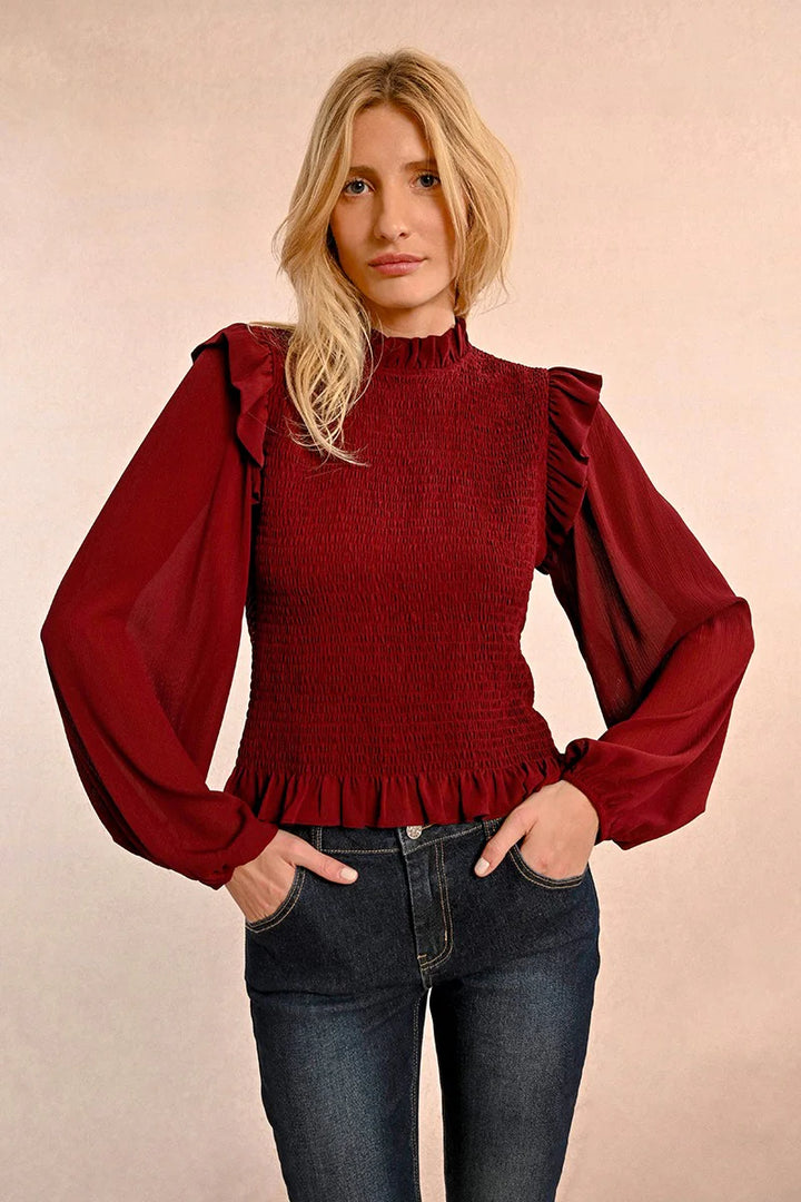 Dark Red Smocked Bodice Blouse