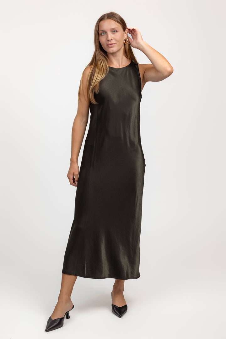 Dark Olive Satin Maxi Dress