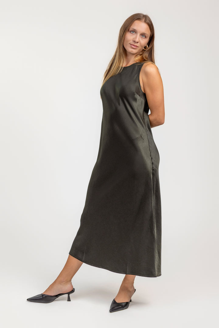 Dark Olive Satin Maxi Dress