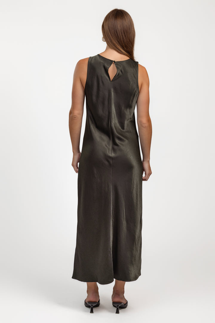 Dark Olive Satin Maxi Dress