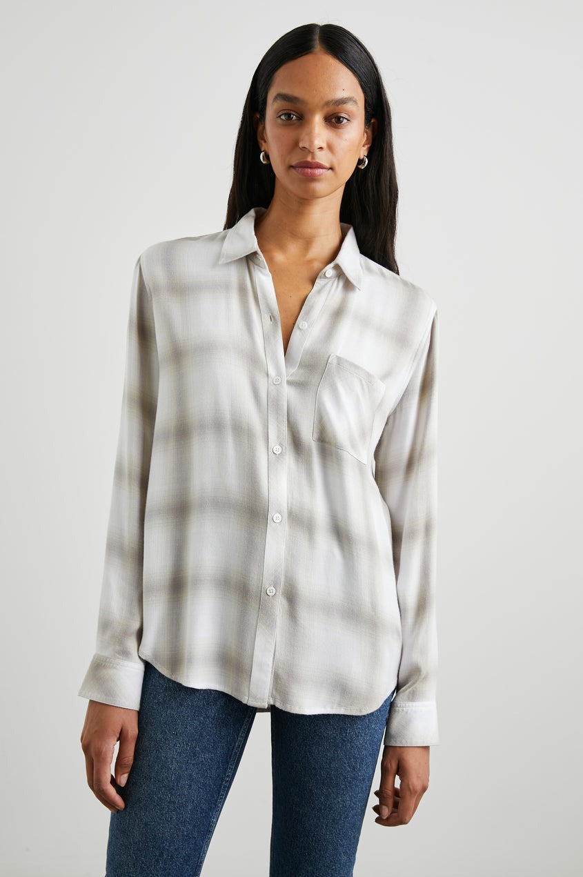 Dove Pearl Plaid Print Button Down Hunter Shirt