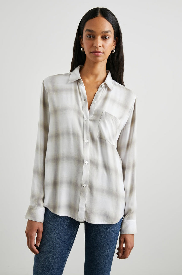 Dove Pearl Plaid Print Button Down Hunter Shirt