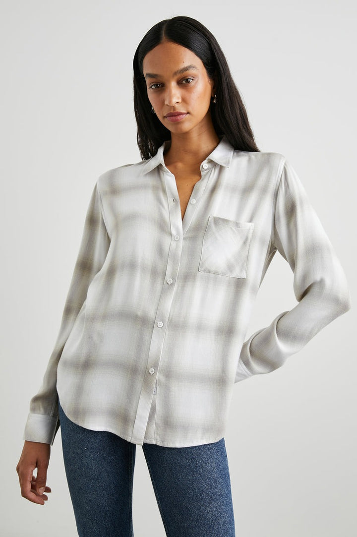 Dove Pearl Plaid Print Button Down Hunter Shirt