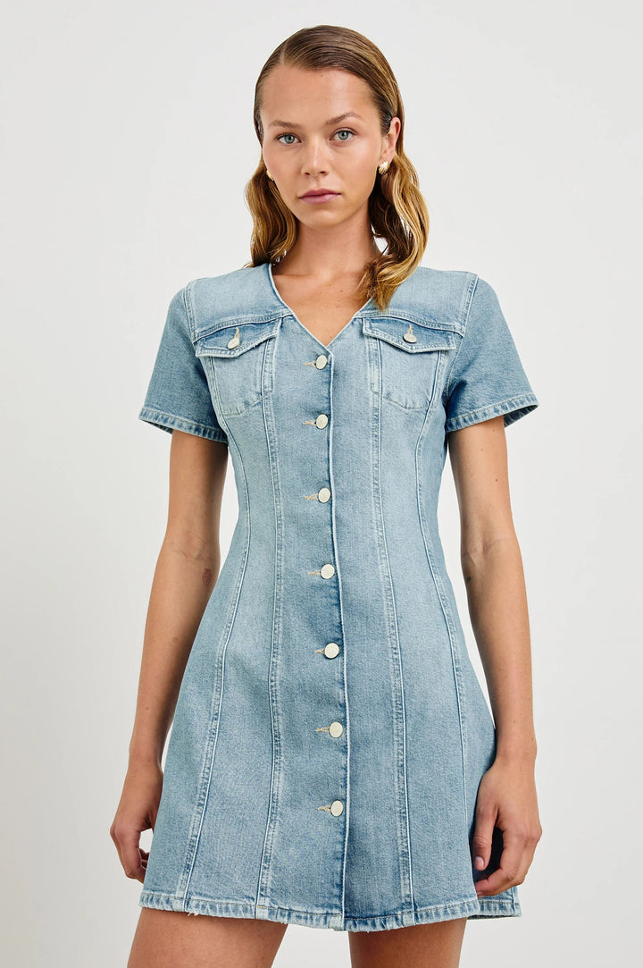 faded denim dress Faded Denim Collared Sleeveless Midi Dress