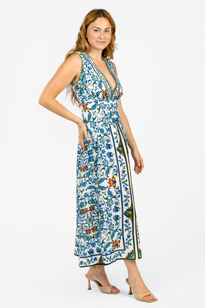Flora Tile Off White Midi Dress