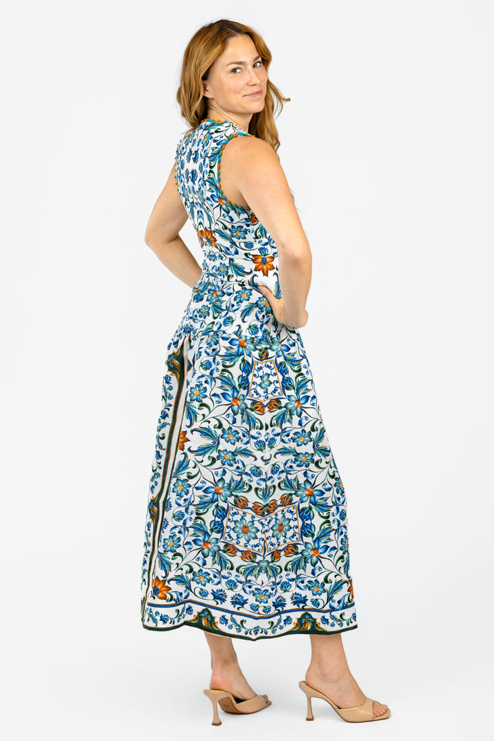 Flora Tile Off White Midi Dress
