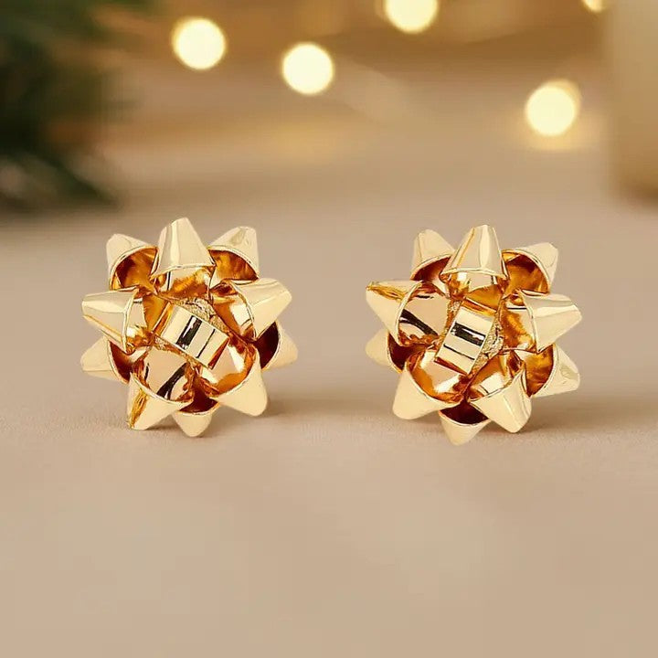 Gold Christmas Gift Bow Stud Earrings