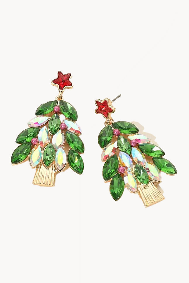 Gold Green Stone Cluster Christmas Tree Drop Earrings