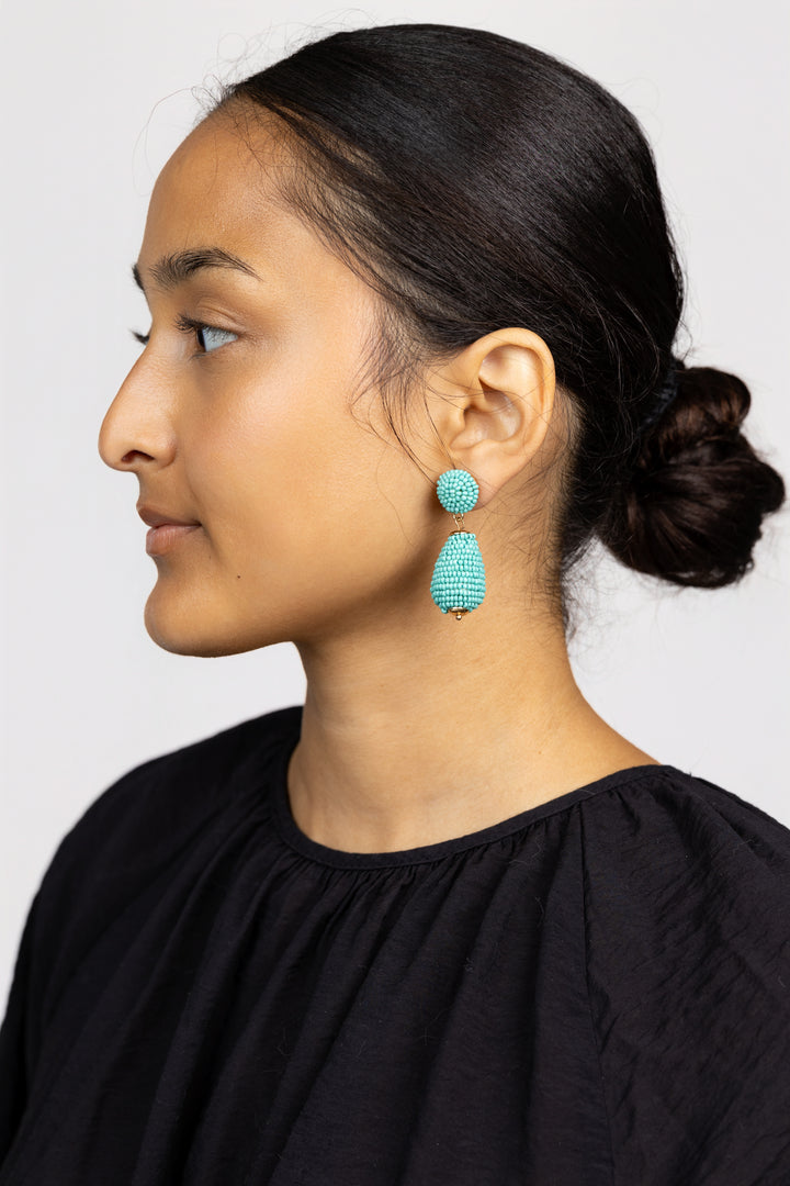 Gold And Turquoise Seed Bead Drop Earrings