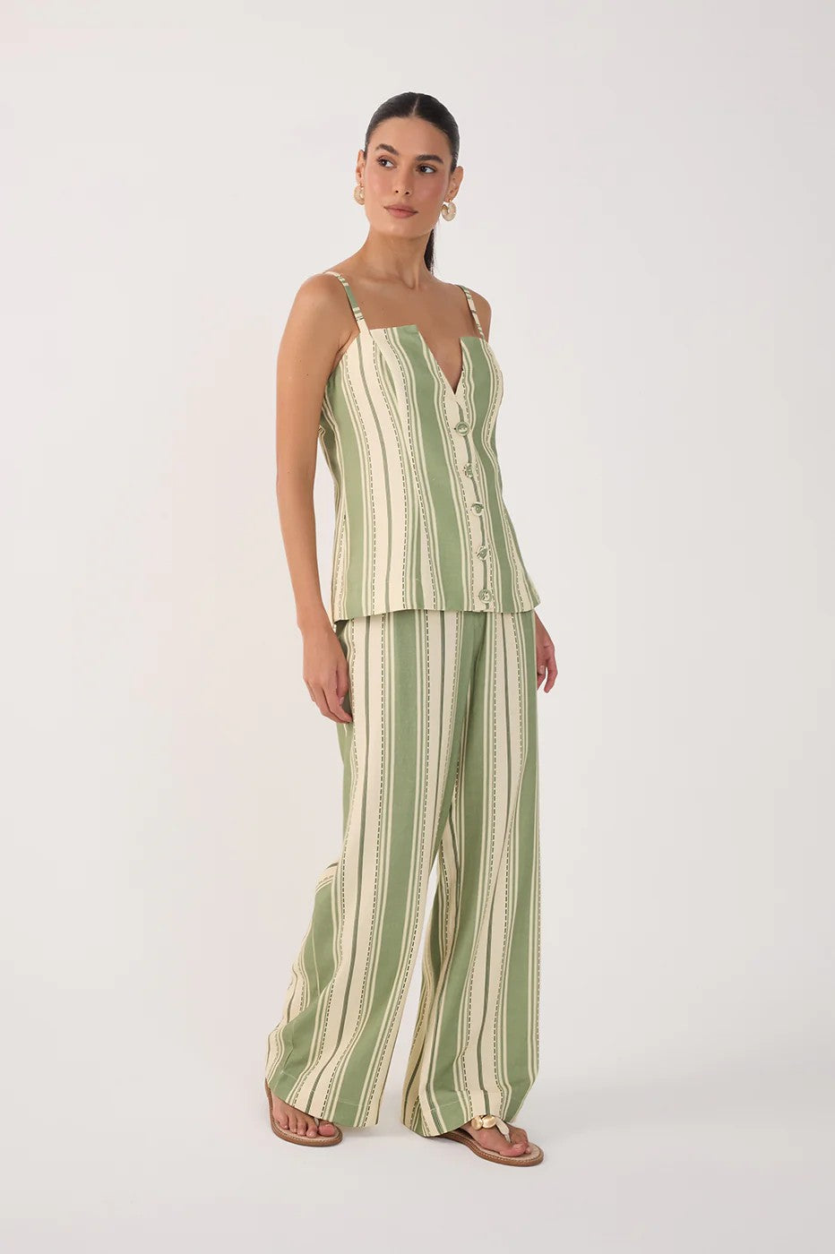Green Cream Stripe Wide Leg Pant