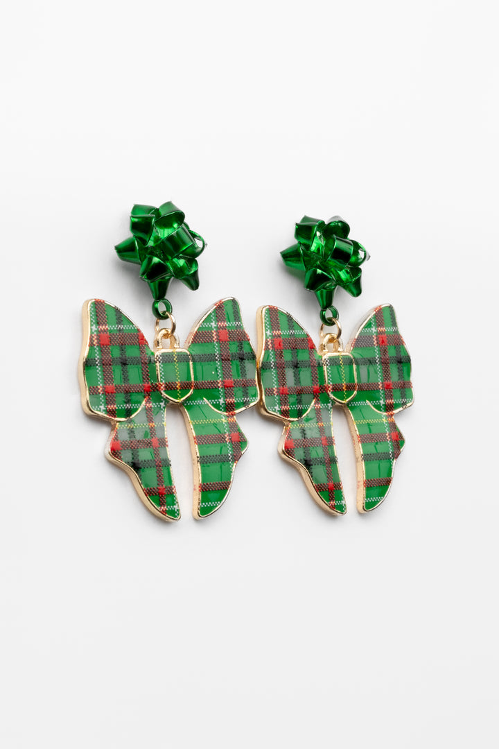 Green Holiday Bow Dangle Earrings