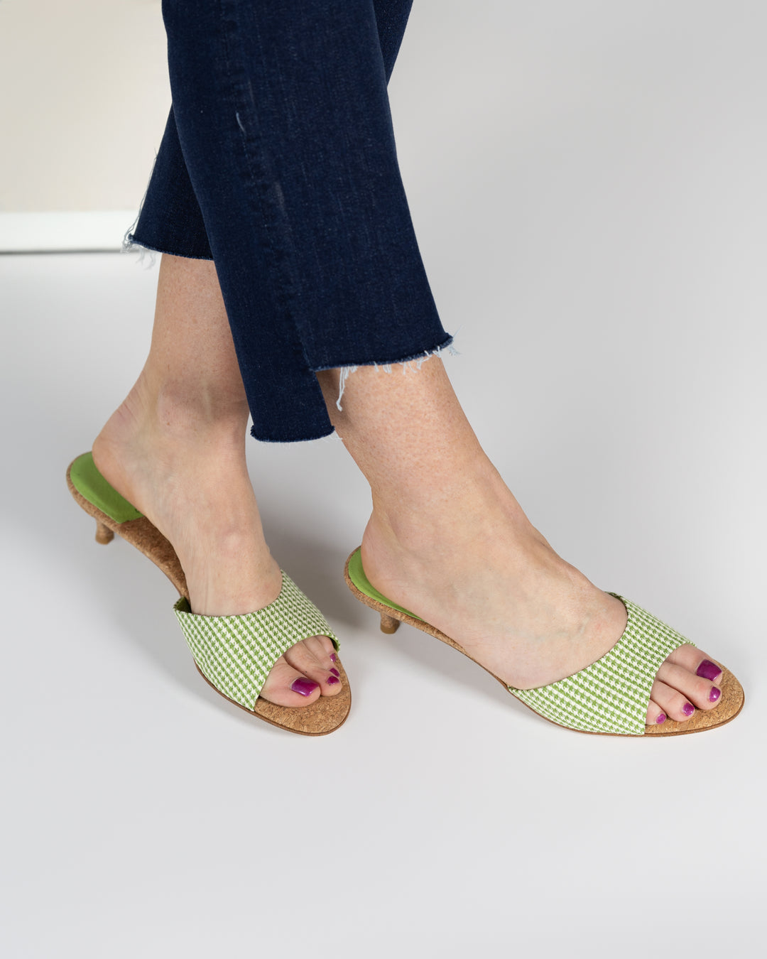 Green Plaid Cork Kitten Heel Chartreux Sandal