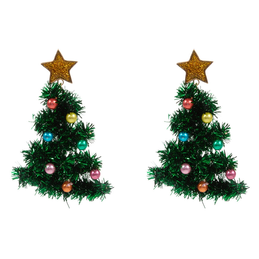 Green Tinsel Christmas Tree Earrings