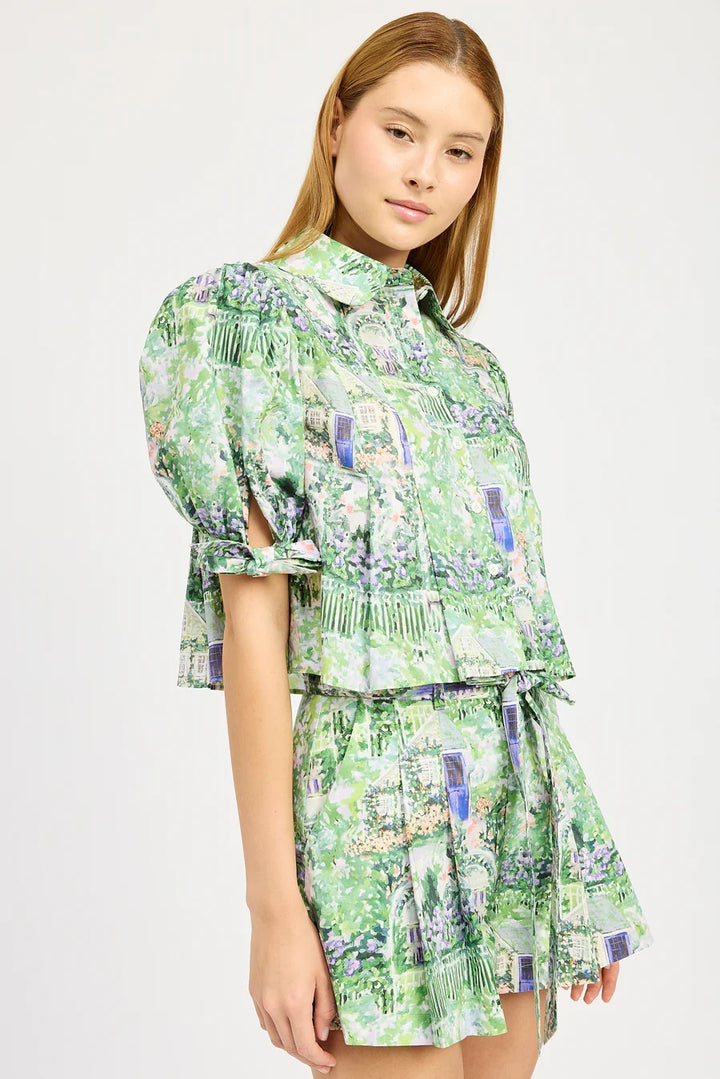 Green Violet Pleated Cropped Molly Shirt