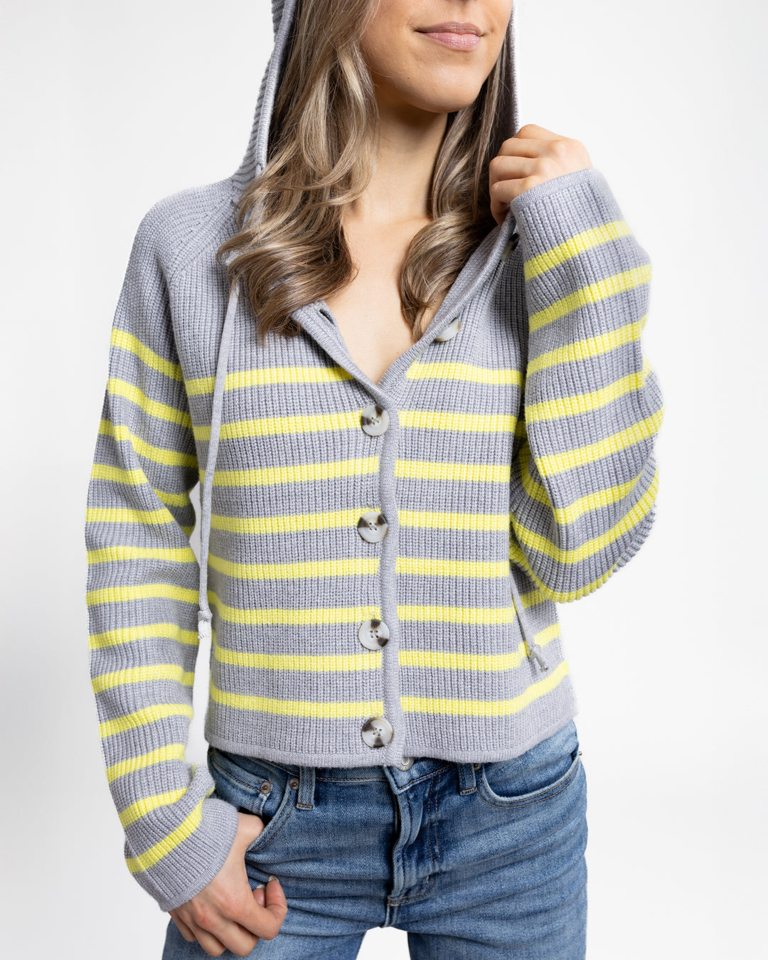 Grey And Citron Stripe Hooded Sweater