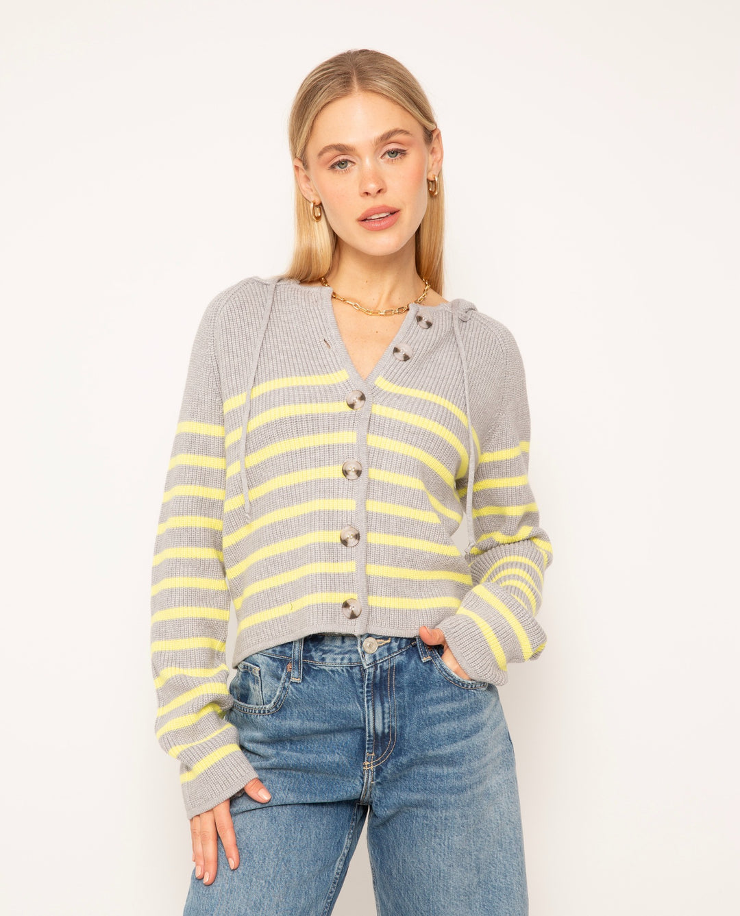 Grey And Citron Stripe Hooded Sweater