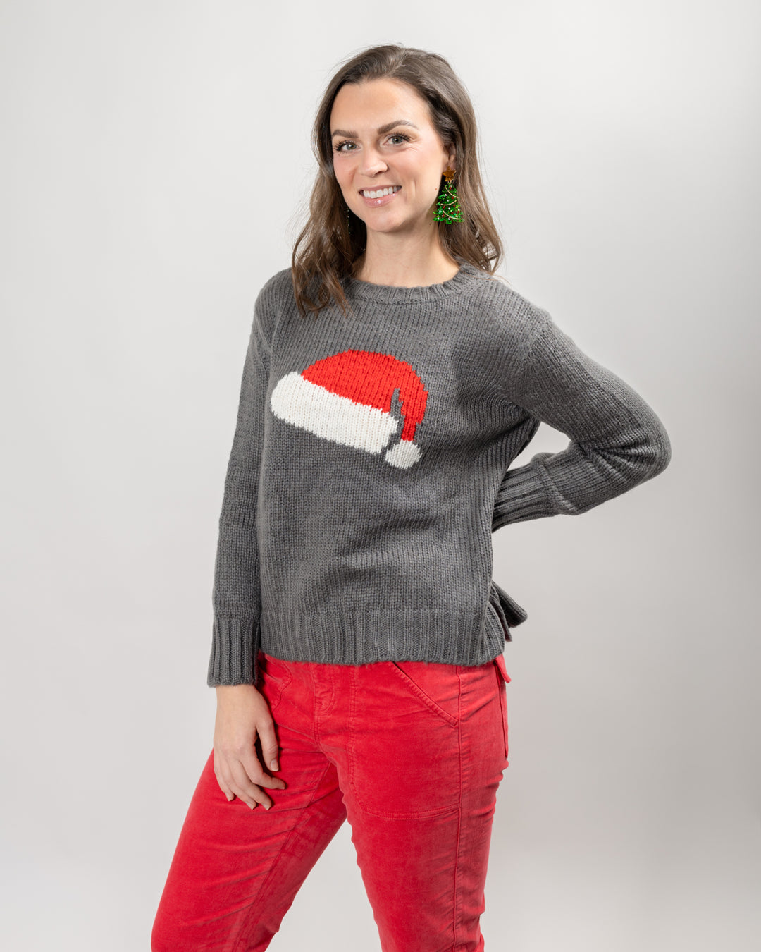 Gunmetal Santa Hat Crew Neck Knit Sweater