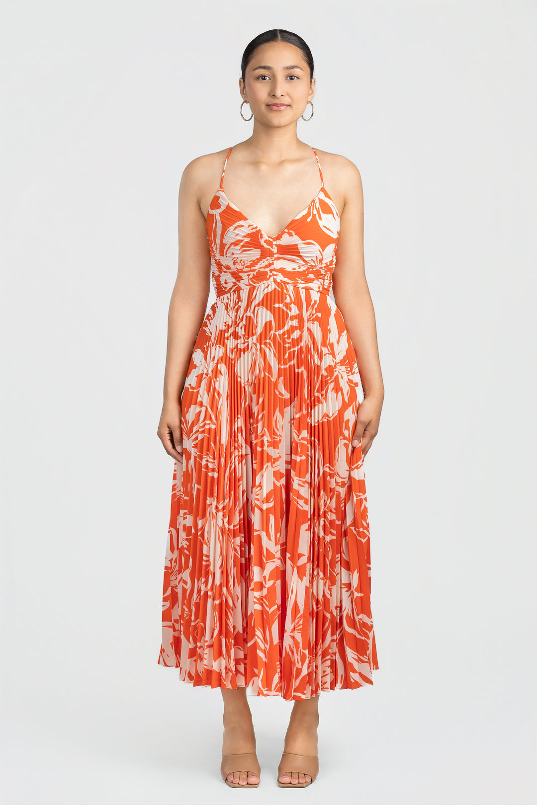 Hot Orange Floral Plisse Blythe Midi Dress