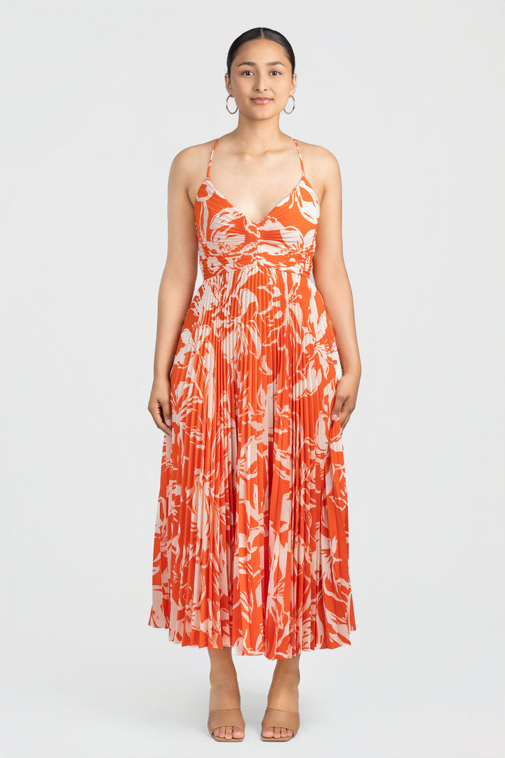 Hot Orange Floral Plisse Blythe Midi Dress