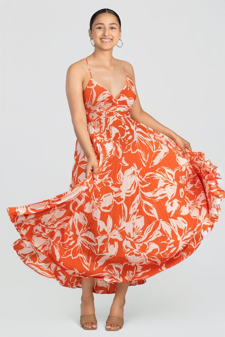 Hot Orange Floral Plisse Blythe Midi Dress