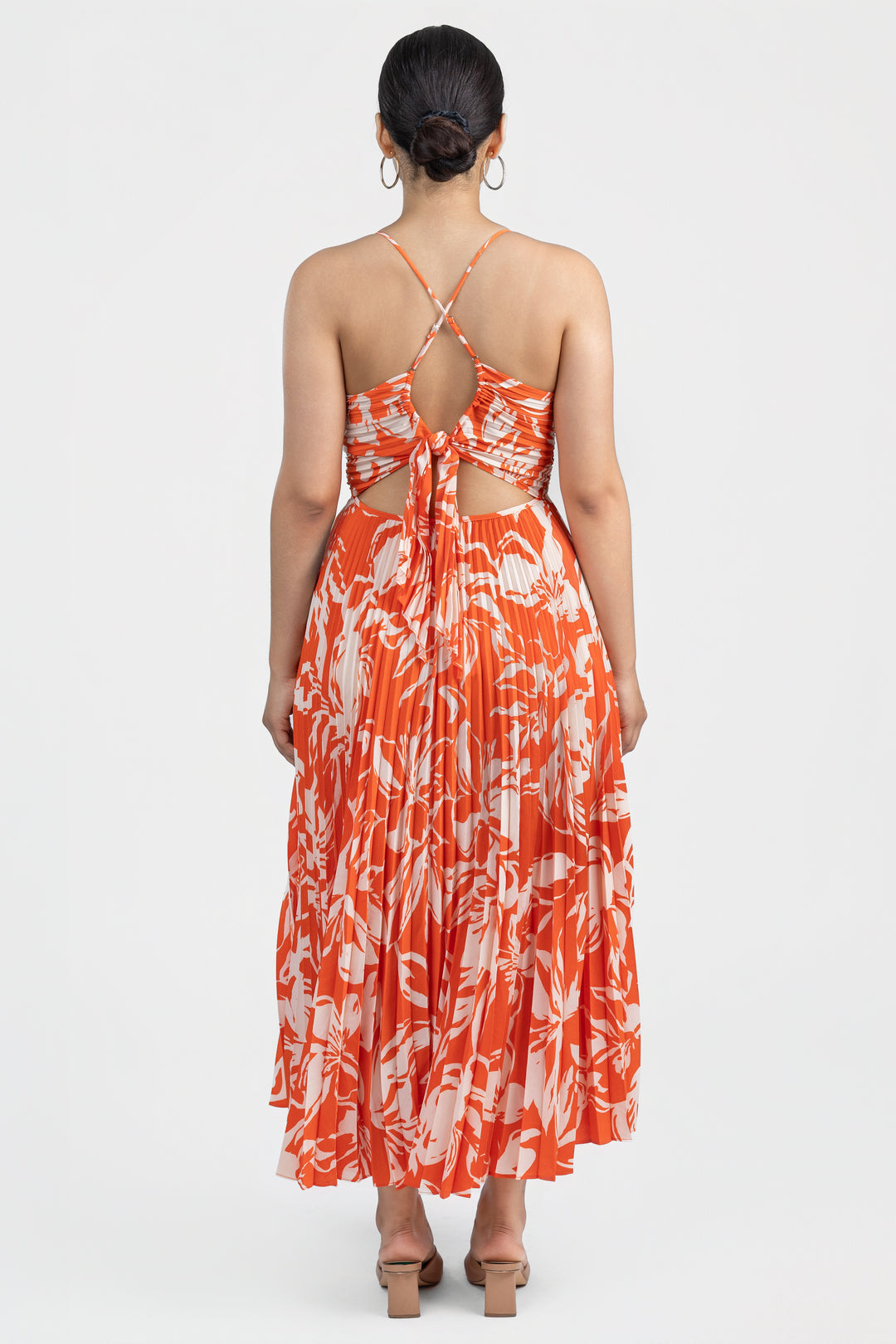 Hot Orange Floral Plisse Blythe Midi Dress
