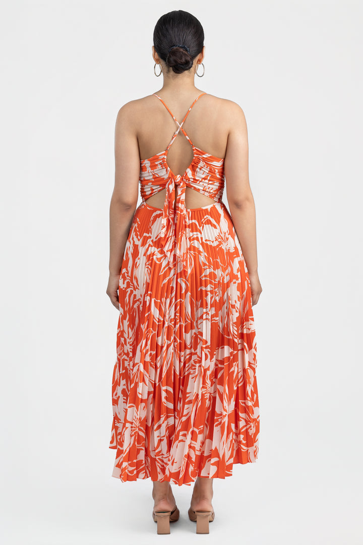 Hot Orange Floral Plisse Blythe Midi Dress