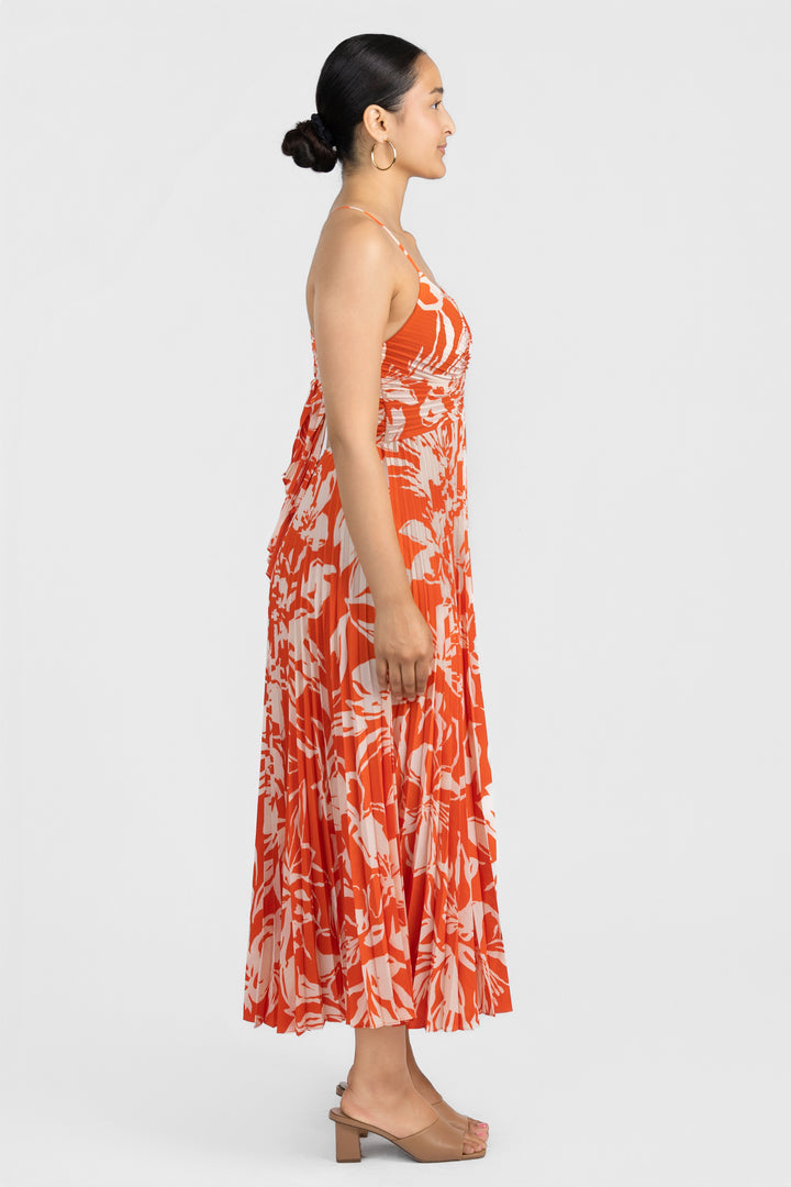 Hot Orange Floral Plisse Blythe Midi Dress