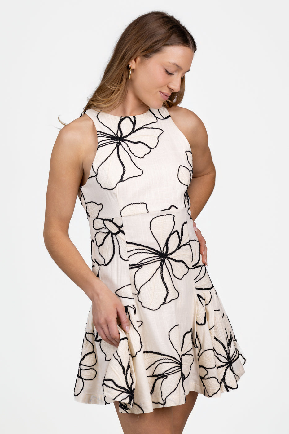 Ivory Black Embroidery Madeline Mini Dress