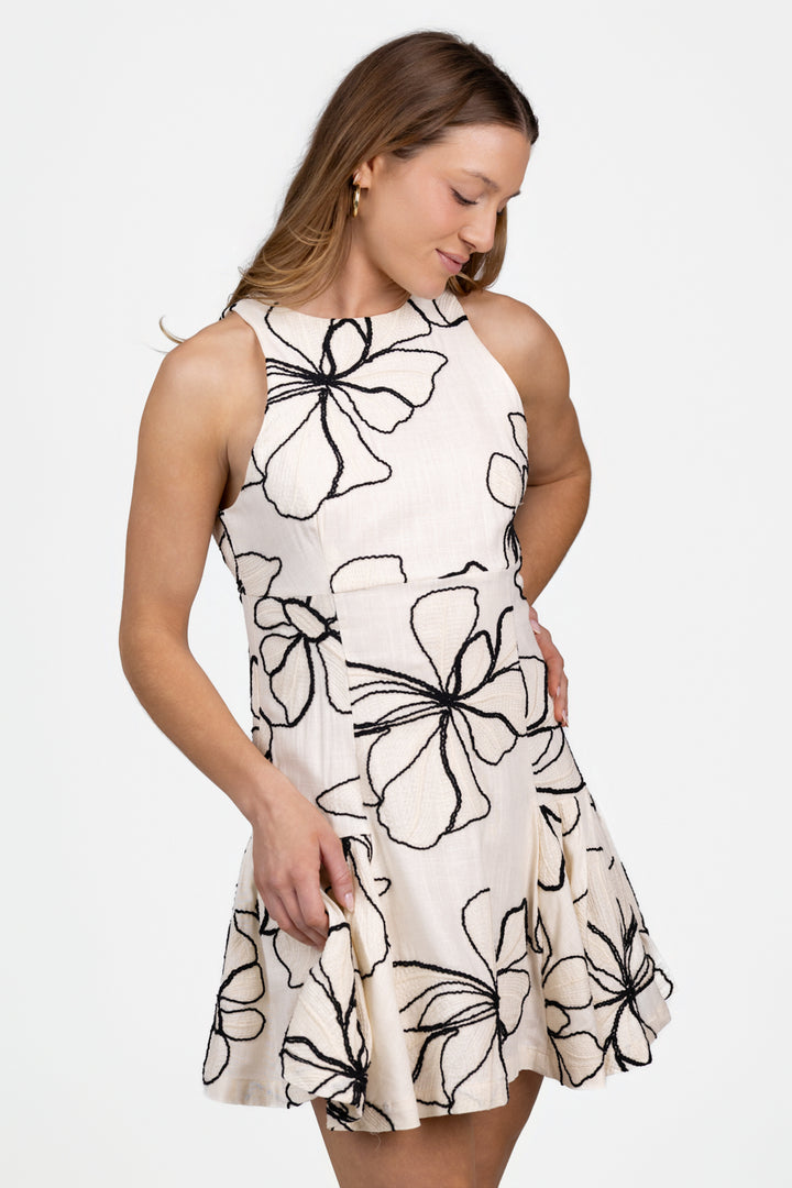 Ivory Black Embroidery Madeline Mini Dress